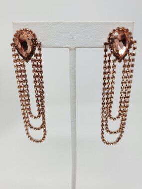 Vintage Champagne Rhinestone Chandelier Dangle Earrings Gold Tone Statement